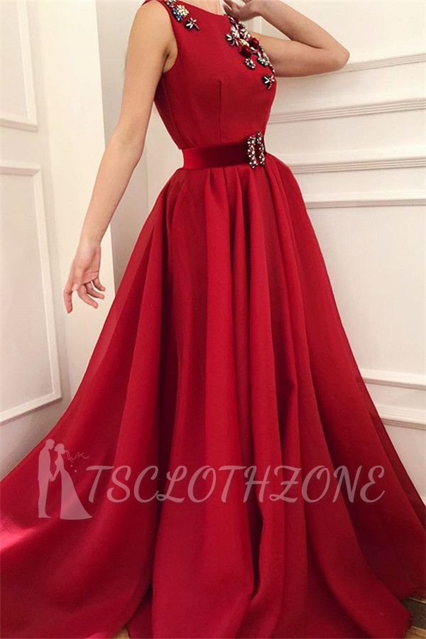 Cute Satin A Line Fowers Red Prom Dress with Dragonfly | Chic Scoop Sleeveless Long Prom Dress with Sash