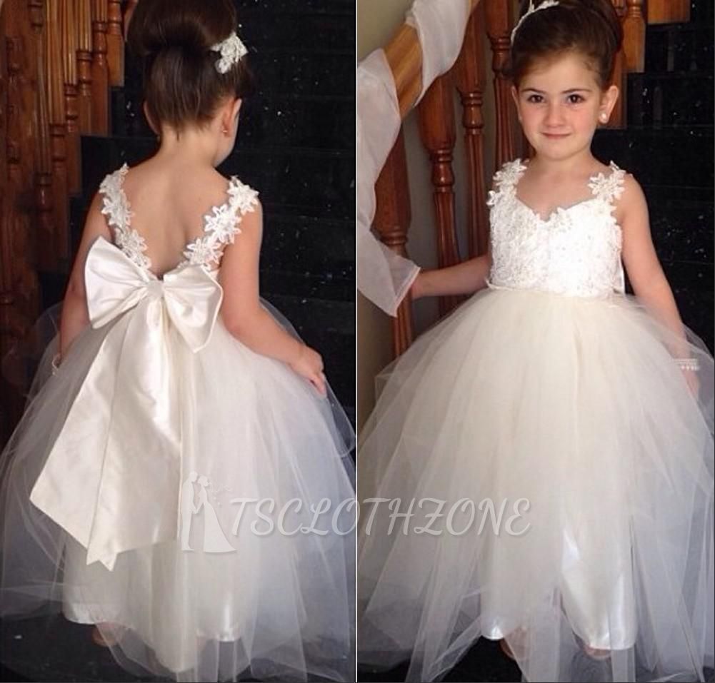 Cute Tulle Lace Applique 2022 Flower Girl Dresses Backless Long Bowknot Children Gowns