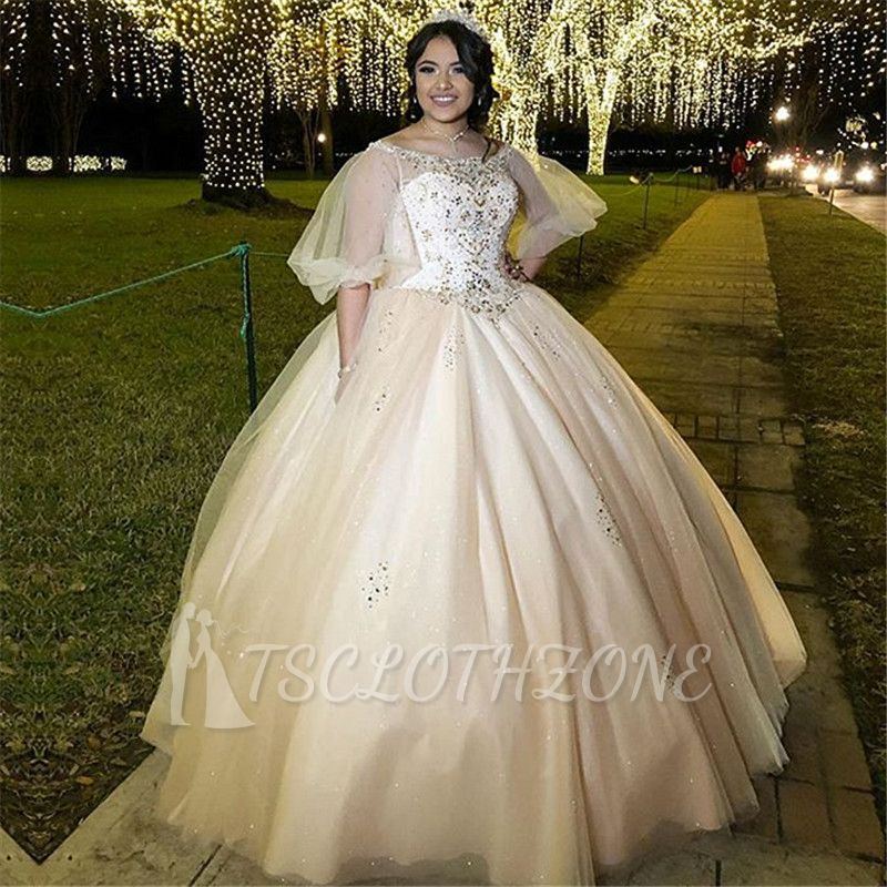 Exquisite Bateau Sparkly Beadeds Puffy Quinceanera Dresses | Illusion Half-Sleeves Sweet 16 Dresses Long