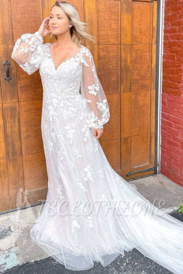 V-neck Tulle long sleeve Lace Wedding Dress