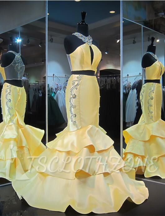 Wunderschönes gelbes Abendkleid mit Reißverschluss, Meerjungfrau, Halfter, gelbe Rüschen, ärmellose Kristalle, Abendkleid 2022
