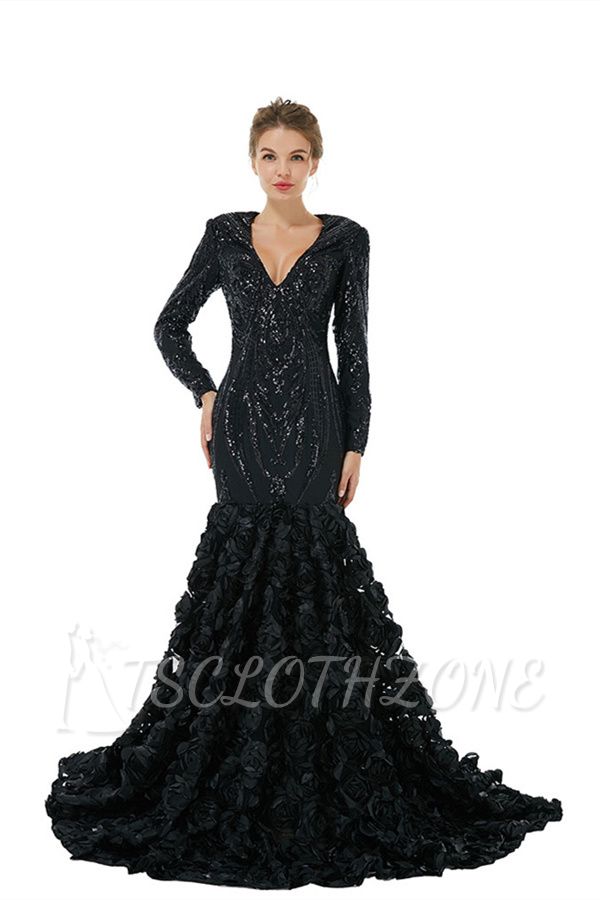 Charming Black V-neck Long Sleeves Lace Prom Dress