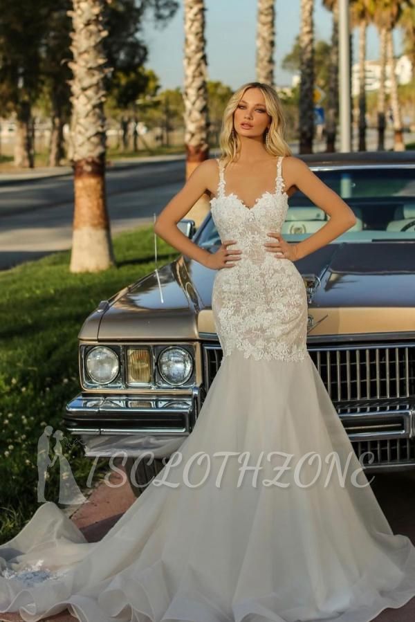 Tüll-Spitze Brautkleid Blumenapplikationen Meerjungfrau-Stil Maxikleid für die Braut
