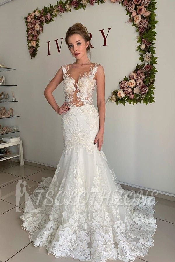 Illusion neck White Lace Sleeveless Mermaid Wedding Dress