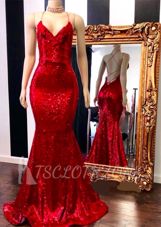 Spaghetti Straps Lace-up Red Sequins V-neck Mermaid Prom Dresses