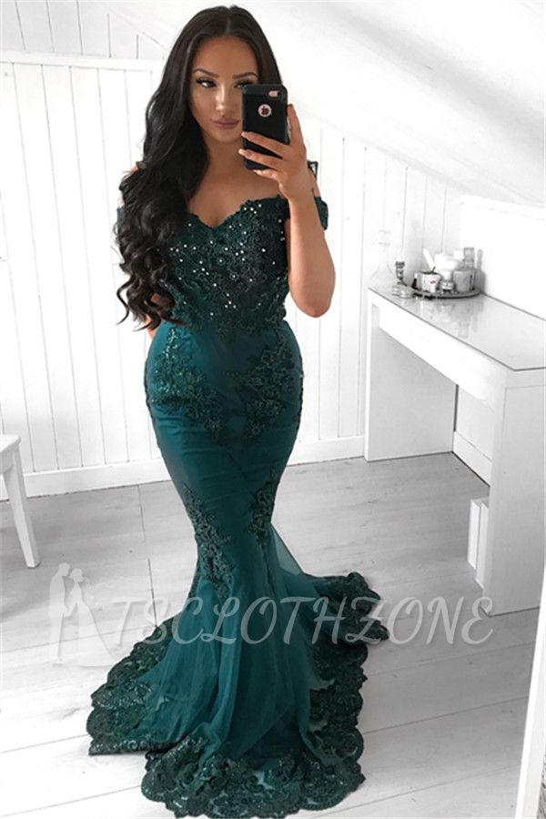 Dark Green Mermaid Lace Evening Dresses | 2022 Off the Shoulder Beading Sexy Prom Dresses