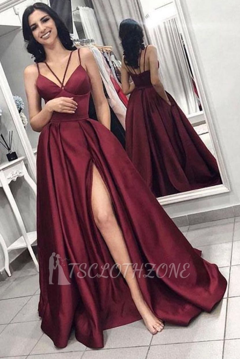 Sexy Sleeveless Front Split Prom Gown | Burgundy Spaghetti-Straps A-Line Evening Dress