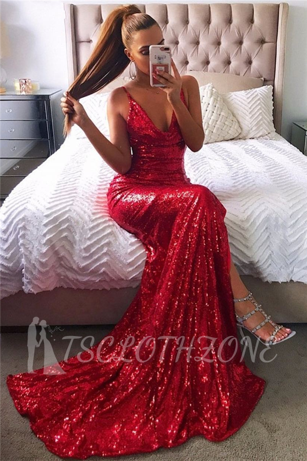 Sexy Red Sequin Prom Dresses | Halter Neck Backless High Slit Party Dresses