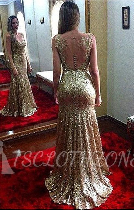 Open Back Sexy Gold Sequined 2022 Evening Gowns Sleeveless Applique Mermaid Party Dresses CJ0169