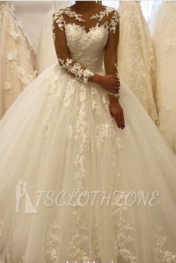 Tulle Lace Wedding Gowns Long Sleeves Floral  Bridal Dress