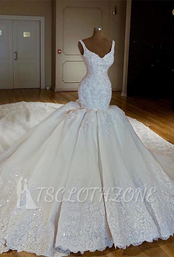TsClothzone Gorgeous Straps White Mermaid Wedding Dresses Satin Ruffles Bridal Gowns With Appliques Online