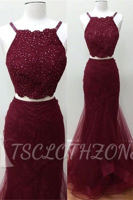 2022 Mermaid Spaghetti Strap Two Piece Evening Dress Cheap Sexy Beads Sleeveless Prom Dress
