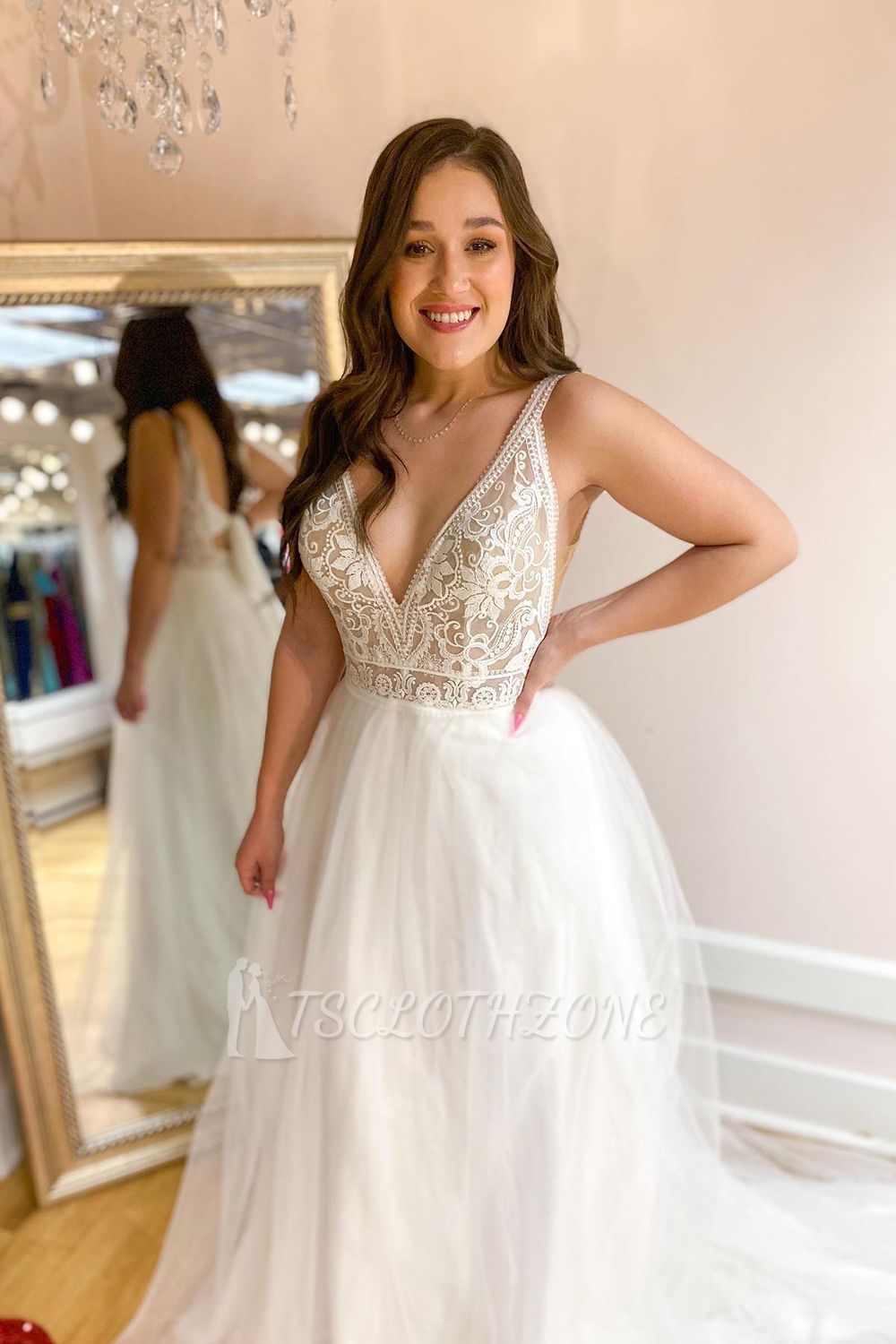 Romantic A-Line Tulle Floor Length Wedding Dress | V Neck Backless Spaghetti Strap Wedding Dress