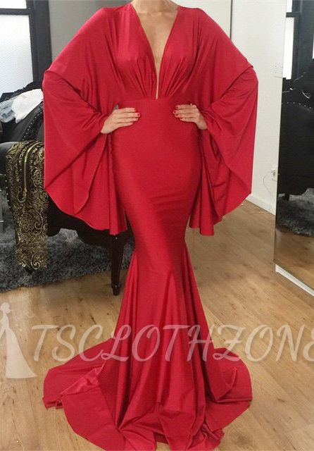 Red Sexy V-Neck Formal Dress Plus Size Mermaid Long Evening Dress with Batwing Sleeve