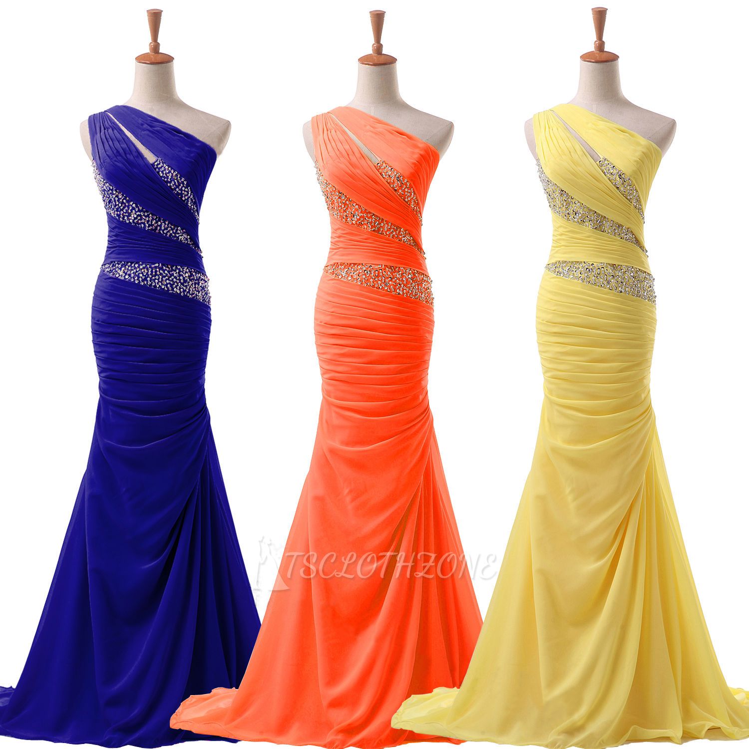 Sexy One Shoulder Mermaid Crystal Evening Dresses with Beadings Latest Ruffles Custom Made Prom Dress for Women
