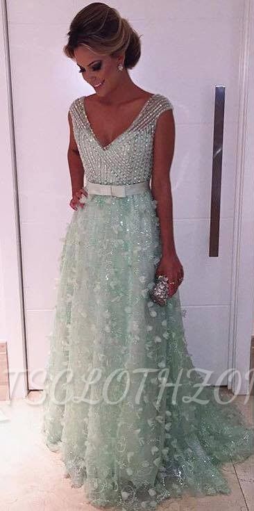 Crystals V-neck Mint Green Evening Dress 2022 3D Flowers Long Formal Dress