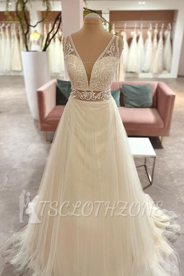 V-Neck Strap A-Line Lace Wedding Dress