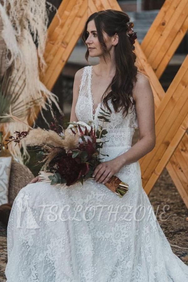 Sleeveless V-Neck Beach Wedding Dress Aline Long Dress for Bride