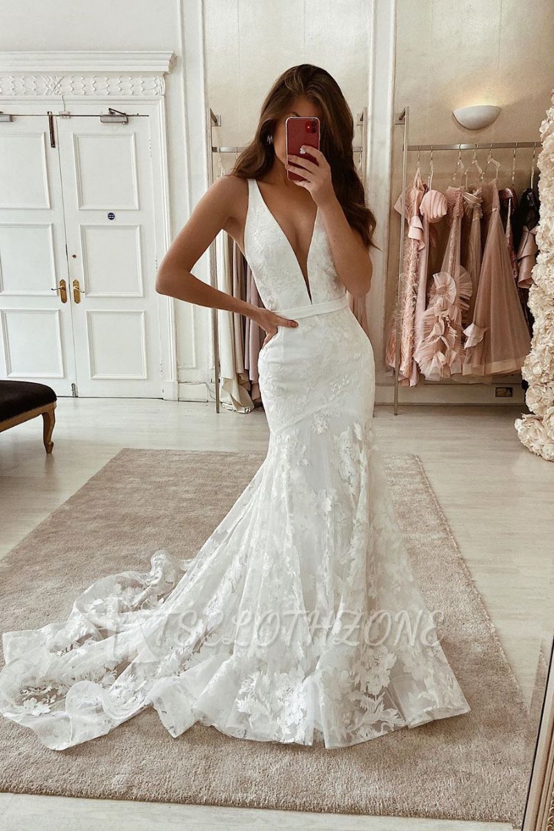Unique Sleeveless Deep V-neck Lace Long Wedding Dresses