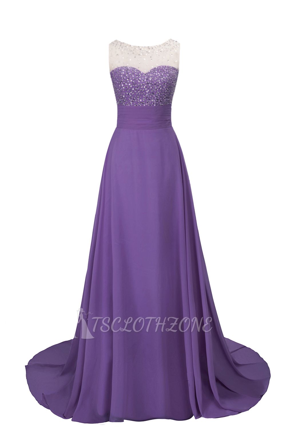 Purple Elegant SLNY Rhinestone Embellished  Backless Pleats Long Evening Dress