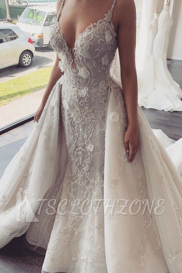 Sexy V-neck Sleeveless Lace Overskirt Bridal Gowns For Wedding