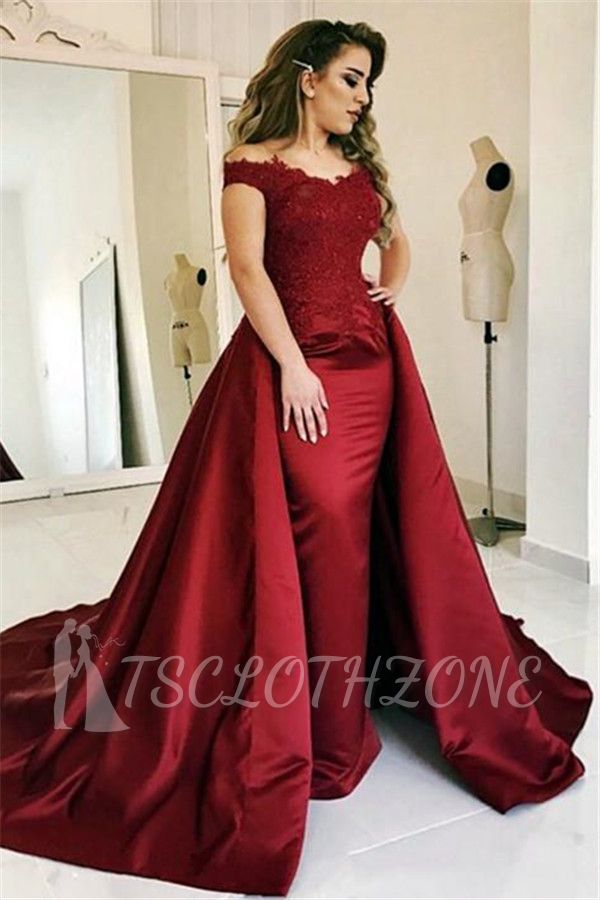 Red Off Shoulder Mantel Abendkleider 2022 | Glamouröses Spitzen-Abendkleid mit Überrock