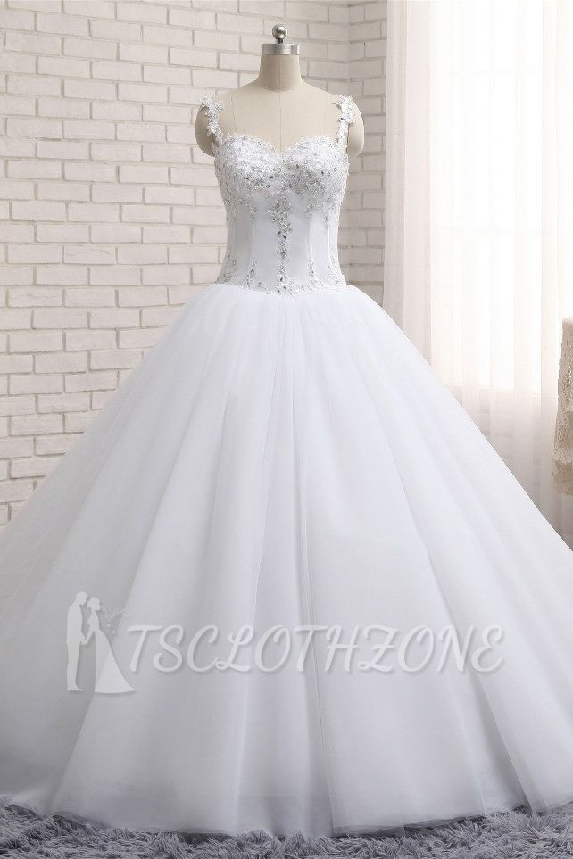 TsClothzone Atemberaubendes weißes Tüll-Spitzen-Hochzeitskleid, trägerloser Schatz, Perlenstickerei, Brautkleider mit Applikationen