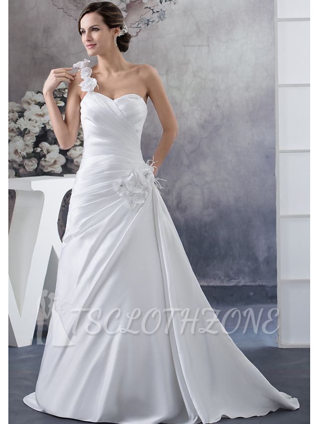 A-Line Wedding Dress One Shoulder Satin Spaghetti Strap Bridal Gowns with Court Train