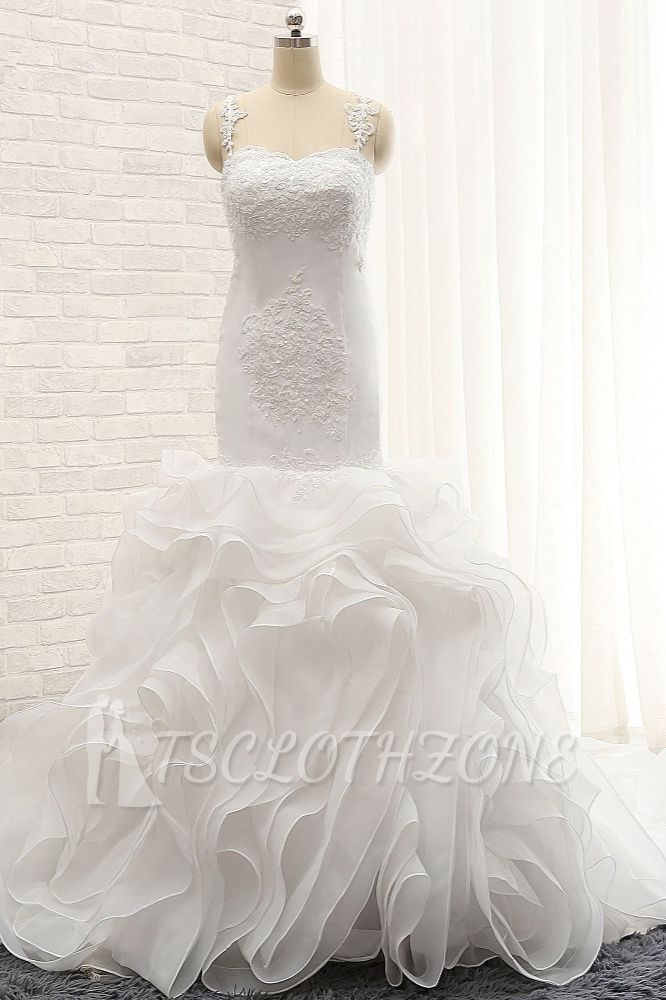 TsClothzone Sexy Sleeveless Straps Ruffles Wedding Dresses With Appliques White Mermaid Satin Bridal Gowns Online