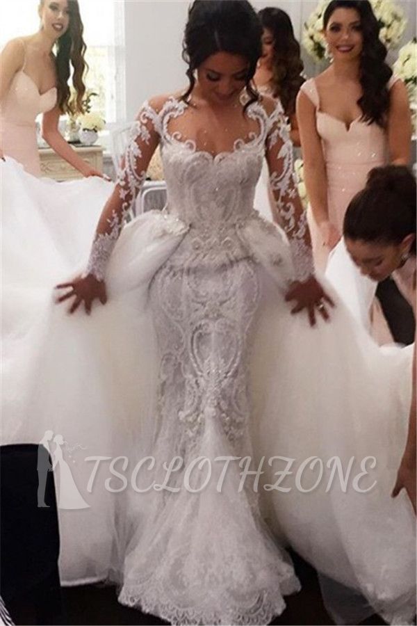 New Arrival Long Sleeves Sheath Wedding Dresses | Lace Appliques Bridal Gowns with Detachable Train