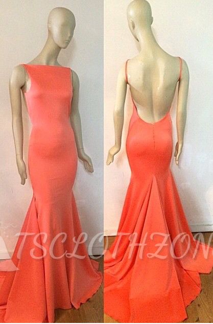 Fishtail Open Back Orange Cheap Evening Dresses with Long Train 2022 Sexy Custom Made Prom Dresses