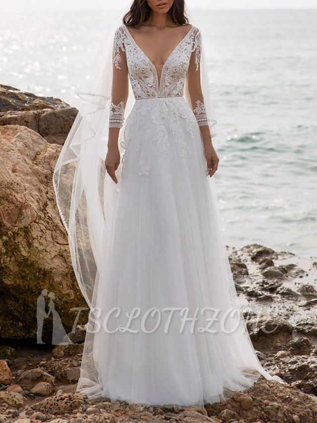 Beach Illusion A-Line Wedding Dress V-Neck Tulle 3/4 Length Sleeve Bridal Gowns Sweep Train