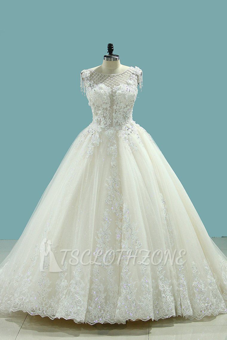 TsClothzone Gorgeous Ball Gown Jewel Champagne Tulle Wedding Dress Lace Appliques Beadings Bridal Gowns with Tassels