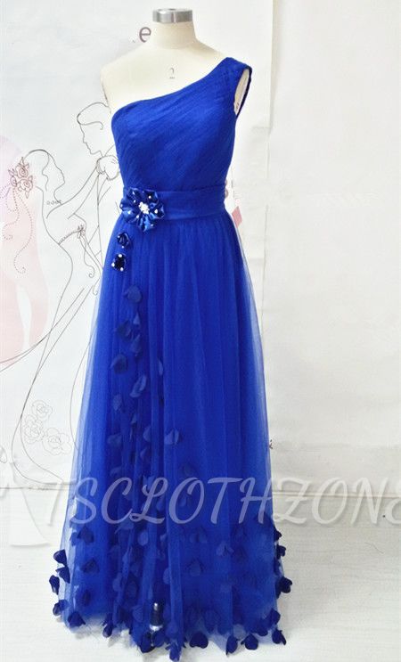 One Shoulder Royal Blue Long Prom Dresses with Butterfly Formal Lace-up Tulle Cute Evening Dresses