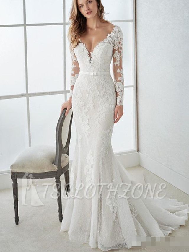 Land-Meerjungfrau-Hochzeitskleid mit V-Ausschnitt, Spitze, Tüll, langen Ärmeln, Brautkleidern mit Schleifenzug