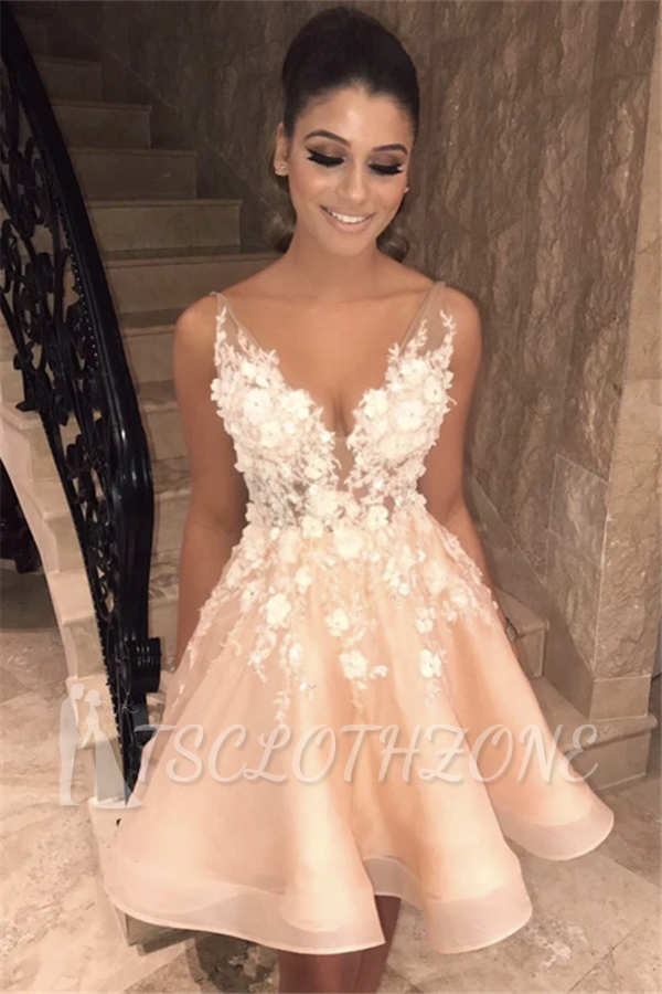 Sexy Spaghetti Straps V Neck Homecoming Dress | Chic Appliques Flowers Short Homecoming Dress