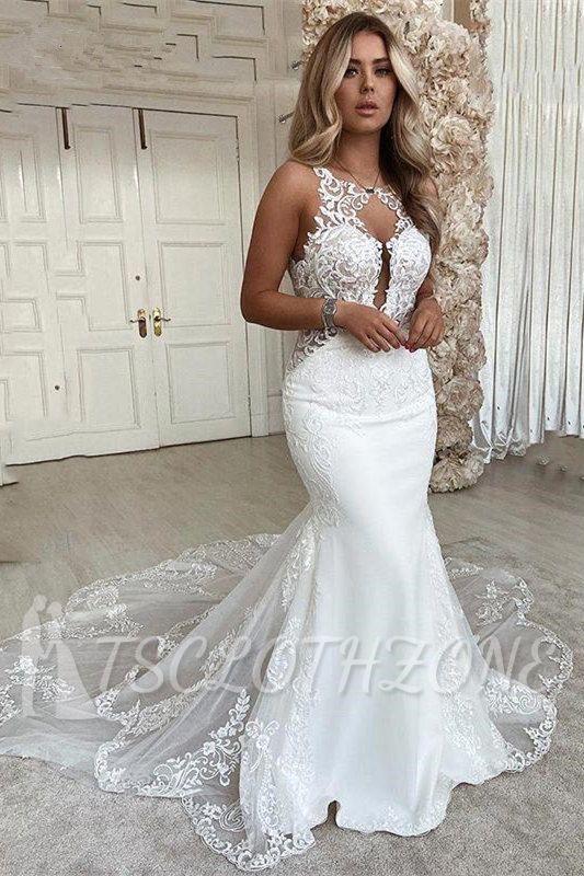 Elegantes ärmelloses Hochzeitskleid mit V-Ausschnitt aus Spitze mit Applikationen｜Kirchen-Meerjungfrauen-Hochzeitskleid