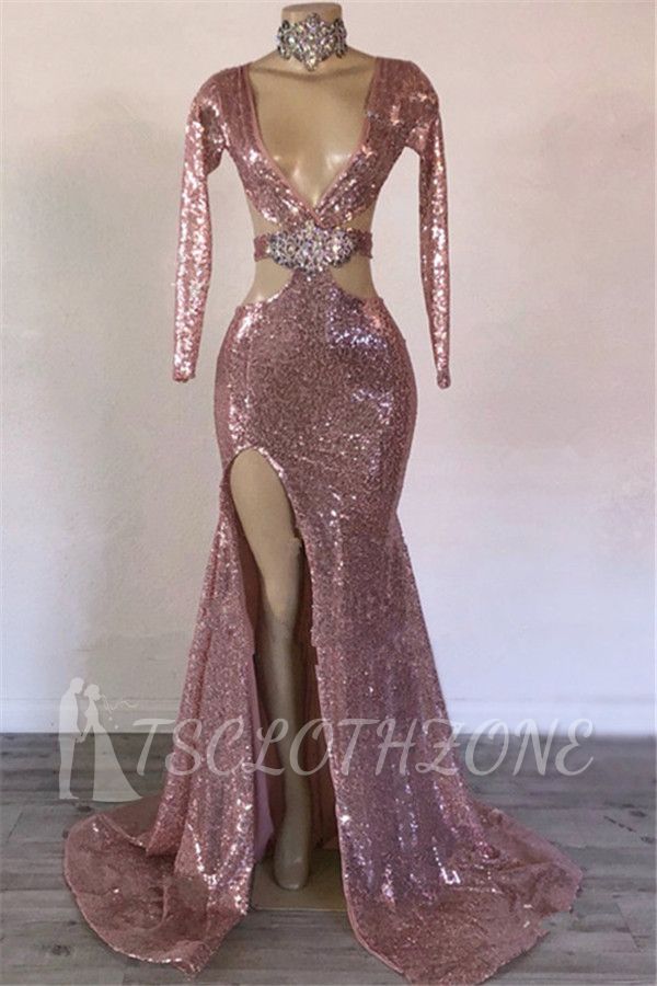 Mermaid Glamorous Sequins V-Neck Long-Sleeves Side-Slit Prom Dresses