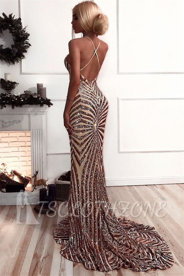 Sexy Champagne Stripes Formal Evening Dress | V-neck Open Back Ball Dress with Long Train