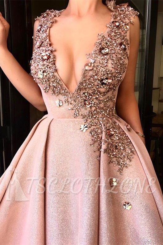 Sexy Deep V-Neck Sleeveless Prom Dresses 2022 | Glamorous A-Line Crystal Evening Dresses Long