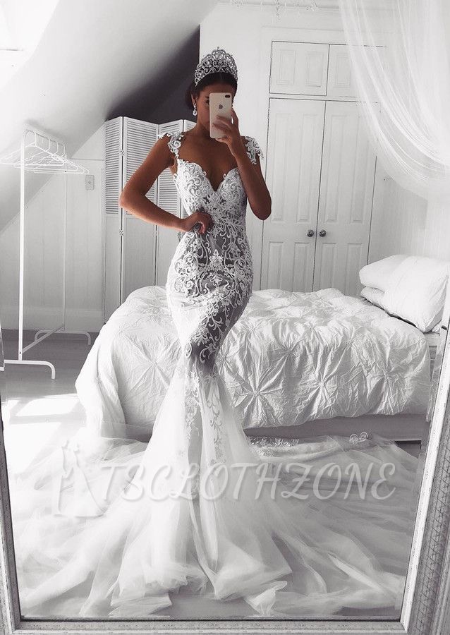 Charming Lace Mermaid Wedding Dress Long Zipper Button Back Bridal Gowns