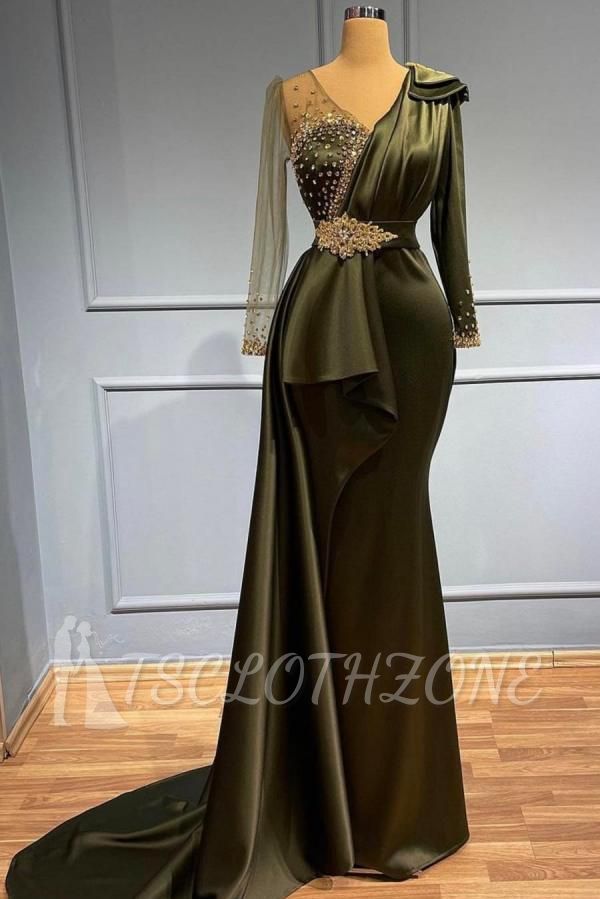 Olive Green Long Glitter with sleeves Evening Dresses | prom dresses