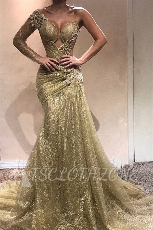 Champagne Gold One Sleeve Sexy Prom Dresses 2022 | Appliques Ruffles Cheap Evening Gowns