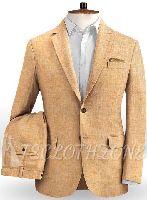 Orange gekerbter Revers Mode Leinen Herren Anzug