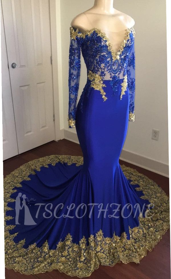 Off The Shoulder Royal Blue Prom Dresses | Gold Lace Appliques Sexy Evening Dress with Sleeve