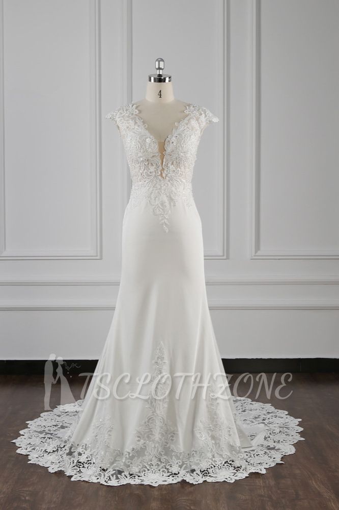 TsClothzone Elegant Mermaid Chiffon Lace Wedding Dress V-neck Appliques Bridal Gowns On Sale