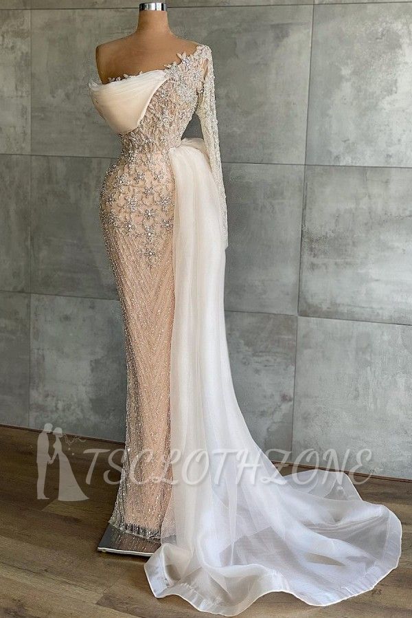 Stunning One Shoulder Mermaid Prom Dress Floral Appliques with Side Cape