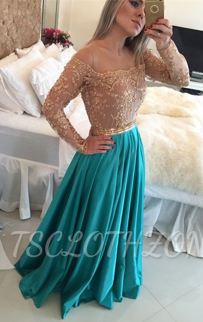 Gorgeous Lace Long Sleeve Evening Gown A-Line Satin Natural Prom Dresses