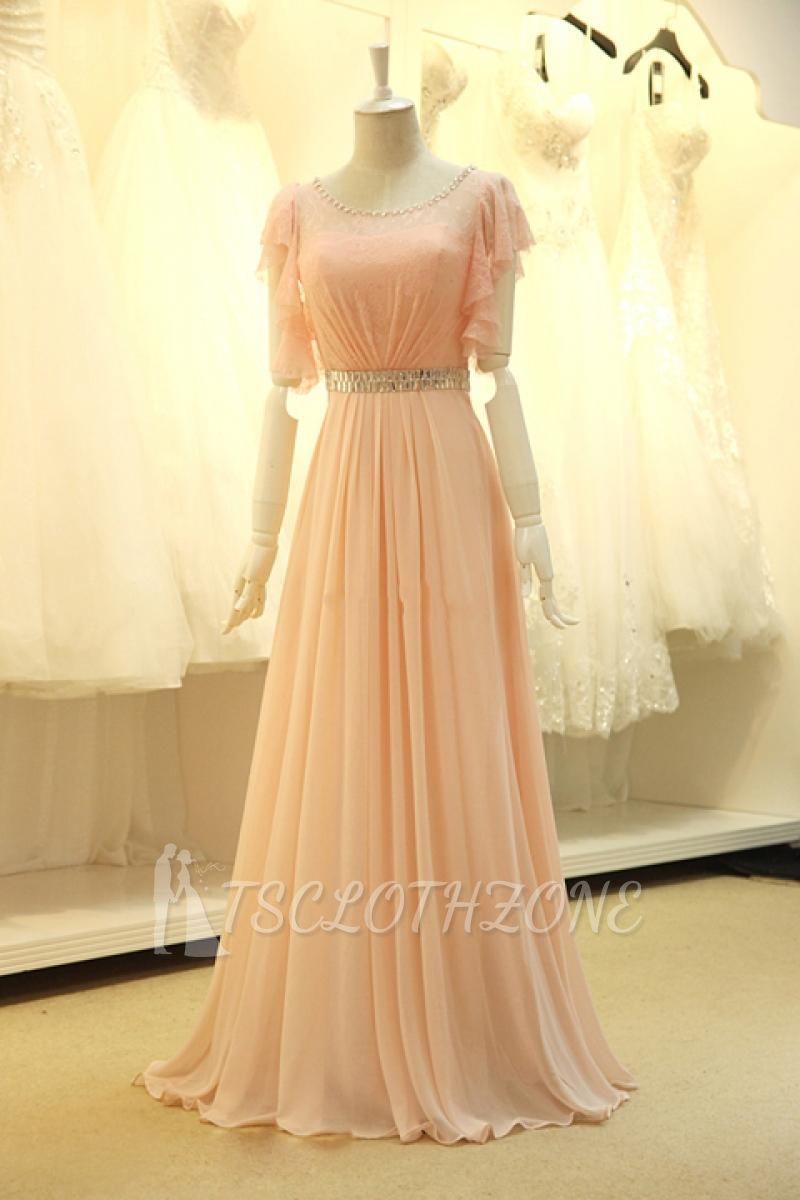 Pink Lace Sparkly Crystal Sash Cute Long Prom Dresses with Unique Sleeve Pretty 2022 Popular Evening Gowns
