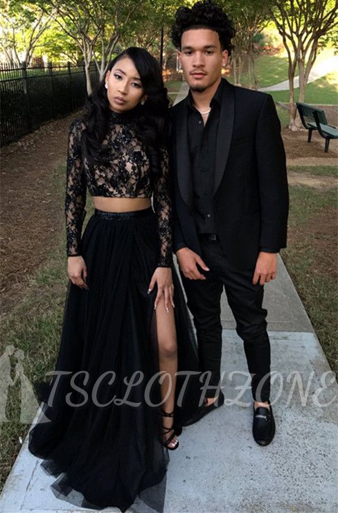 Two Piece Long Sleeve Evening Gown Black Sexy Slit Lace Prom Dress